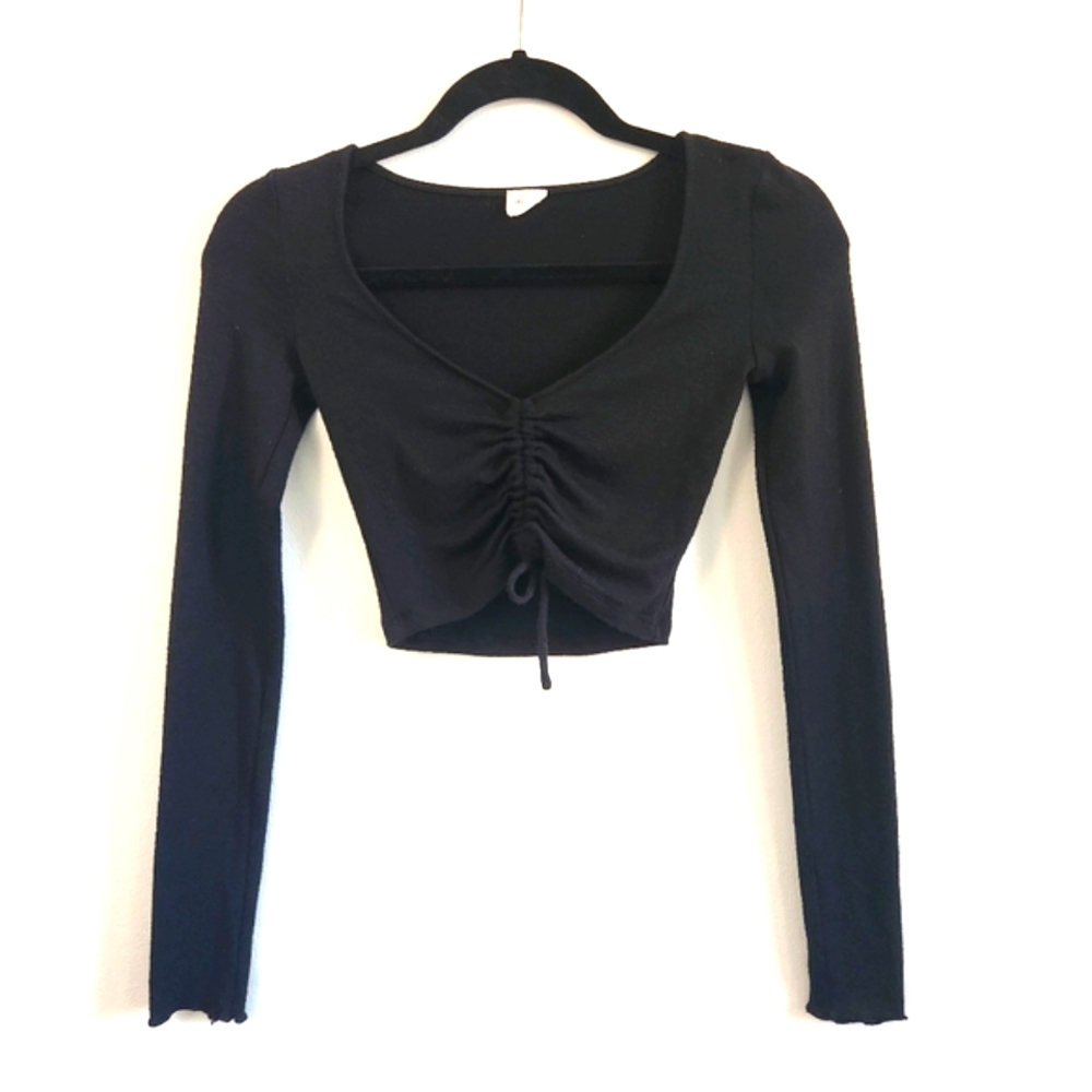 Aritzia Wilfred Cropped Drawstring Low Neck Black Knit Long Sleeve Top